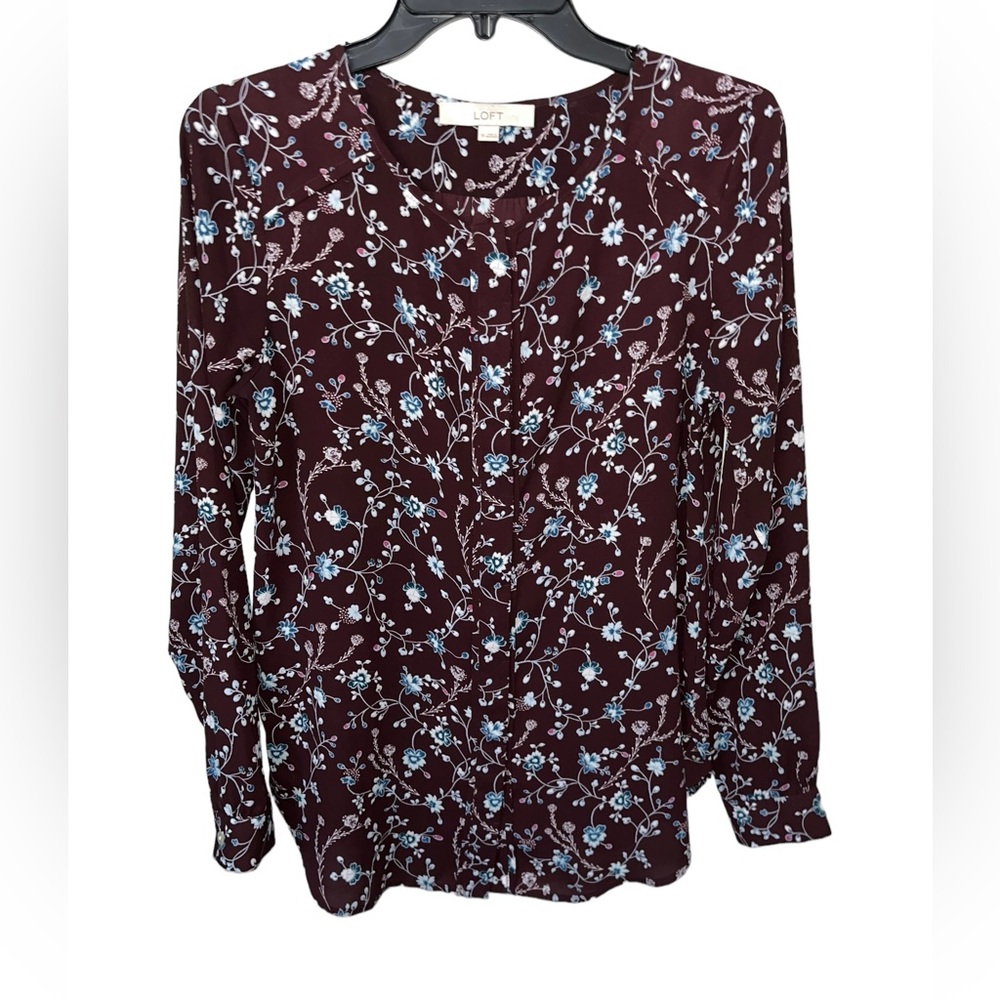 Loft Maroon Blue Floral Button Down Blouse Size XS